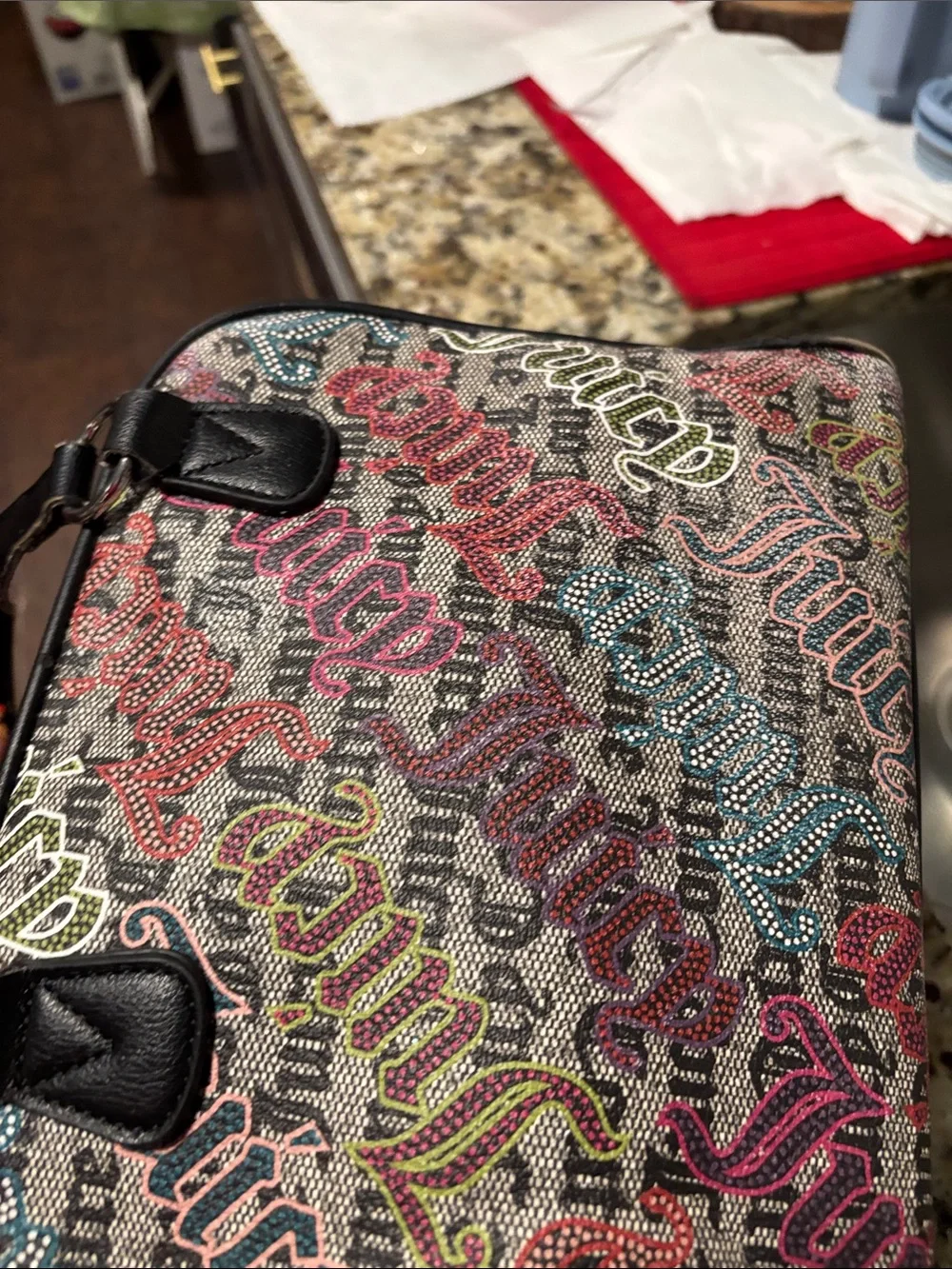 Juicy Couture Multicolor Logo Print Dome Satchel with Black Trim w:straps